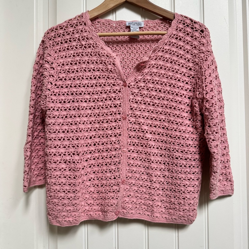 Northern Reflections Pink Cotton Crocheted Crewneck 3/4 Sleeve Cardigan. L
